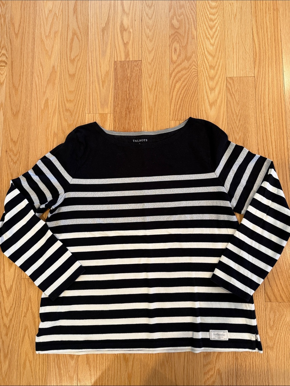 Talbots Black, Silver, and White Striped Boatneck Top